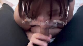 Damsel with glasses doing a fellatio while making softcore sounds and getting a bunch of nut-juice