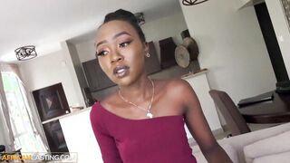 Diminutive African model taken advantage by milky suspended producer at audition