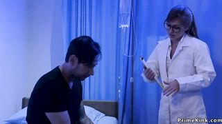 Hysterical patient trusses his sumptuous black-haired doc and ass-fuck plumbs her and knuckles her poon