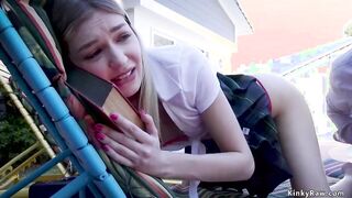 Stepparent Ramon Nomar slaps bony towheaded stepdaughter Mackenzie Moss outdoors then rectal pummels massive hooters fresh wifey Jasmine Jae and teenager in three way restrain bondage