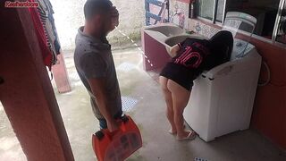 Married housewife pays washing machine repairman with her rump while spouse is away
